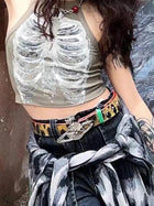 Punk Aesthetic Cyber Retro X-ray Skeleton Print Rib Sleeveless Vest ArmyGreen Crop Top Designer Clothes Women 2024 Summer Emo