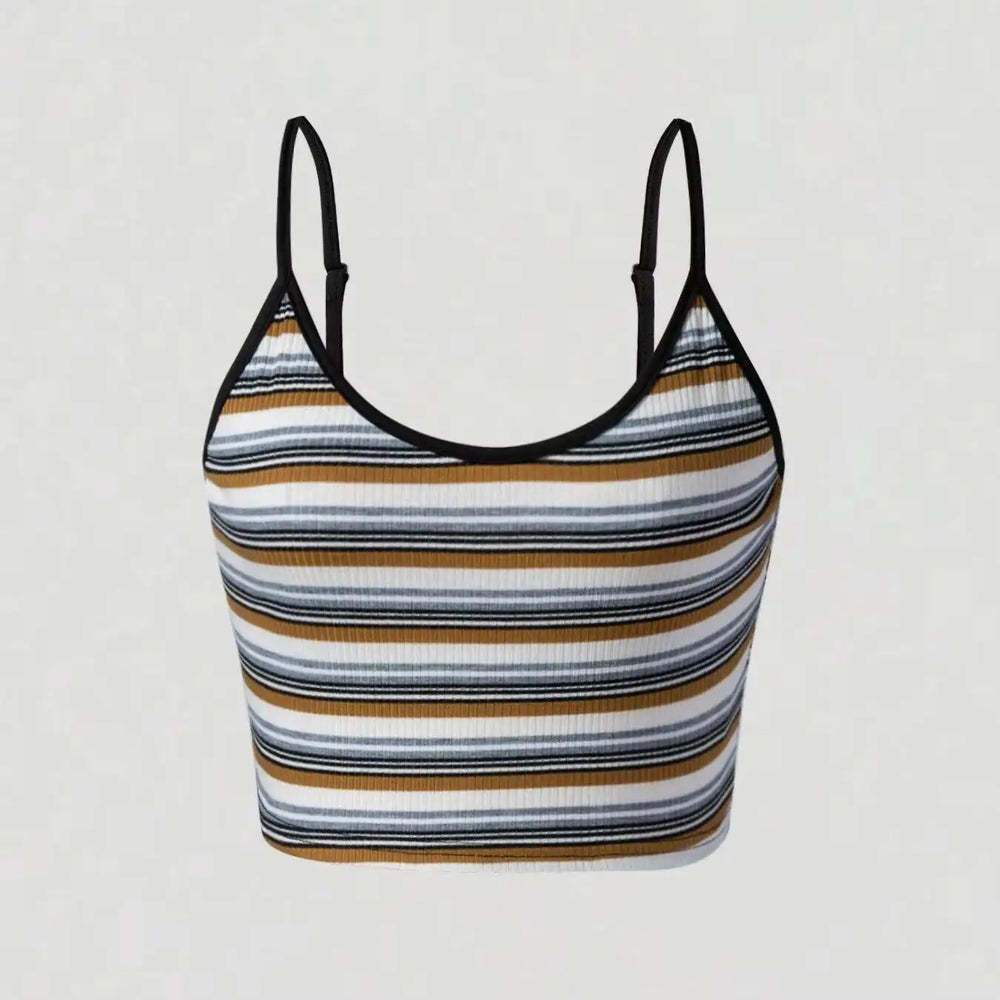 Casual Striped Ribbed Sleeveless Crop Cami Top Spaghetti Strap Slim Fit Blouse, For Daily Vacation Summer Casual Outfits