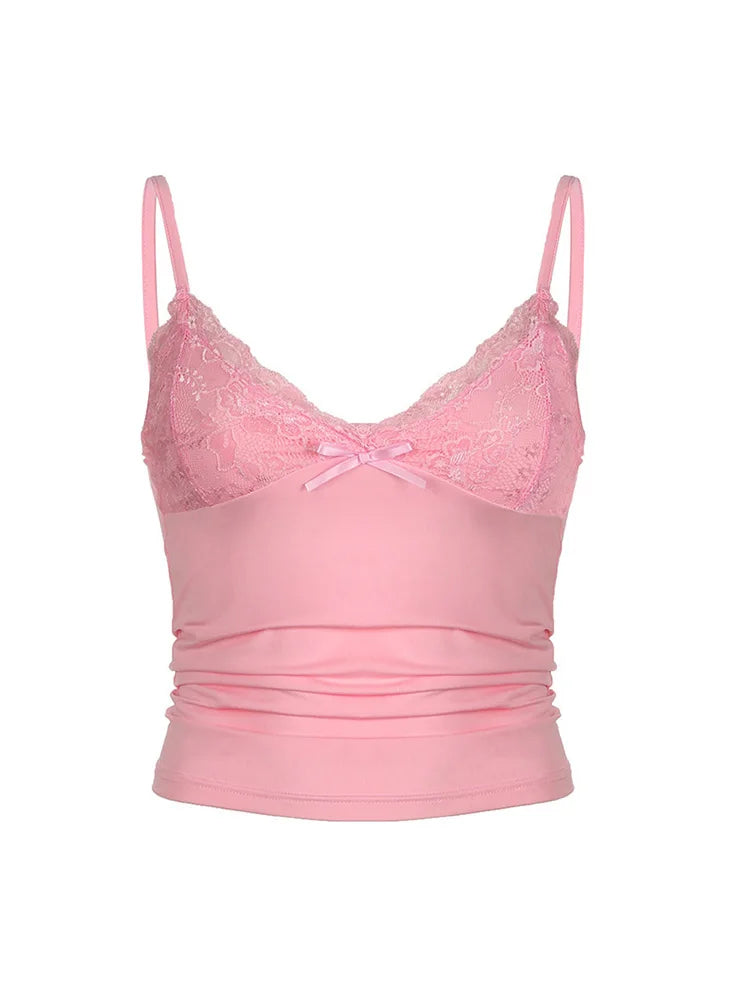 Sexy Contrast Lace Bow Front Crop Cami Top Women 2026 Summer Grunge Punk Y2K Clothes Ruched Skinny Backless Tee Shirt