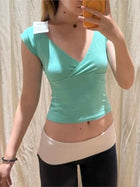 Mint Green V-neck Sleeveless T-shirts Women Summer Simple Fairy Style Slim Cotton Crop Tops Vintage Sweet Preppy Style Vests Y2K