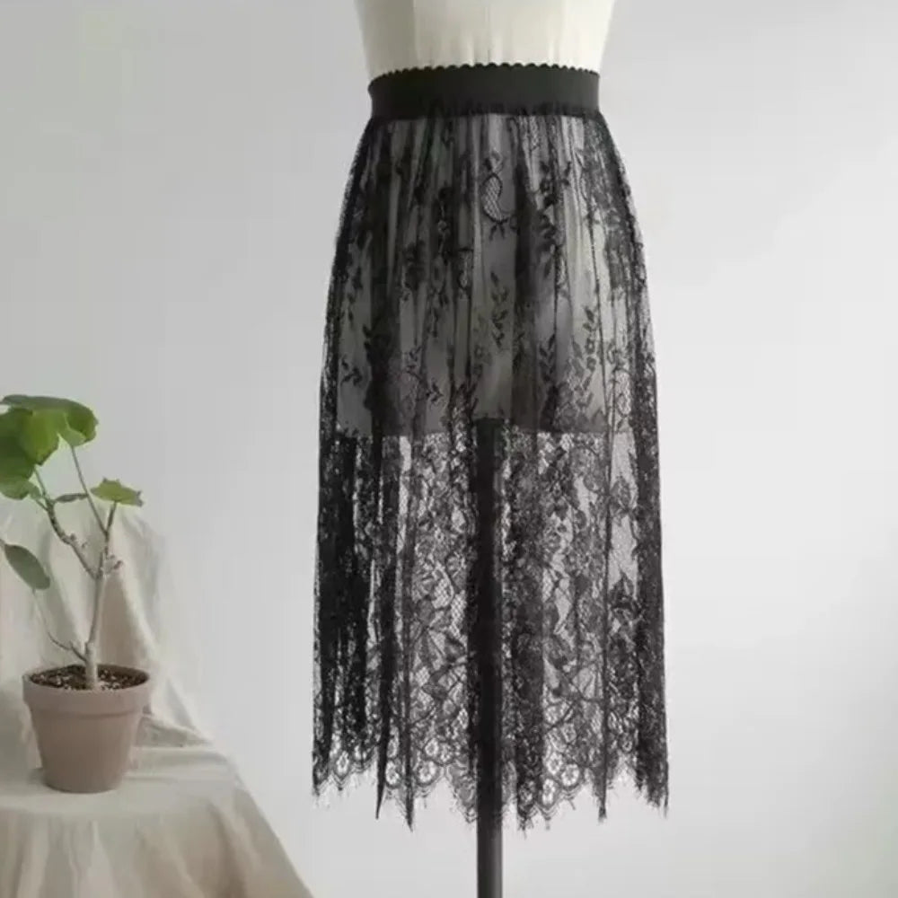 Fashion Transparent Sexy Lace Mesh Skirt Elegant Lace Long Tulle Skirt 2 Length Elastic High Waist Womens Skirt Ladies