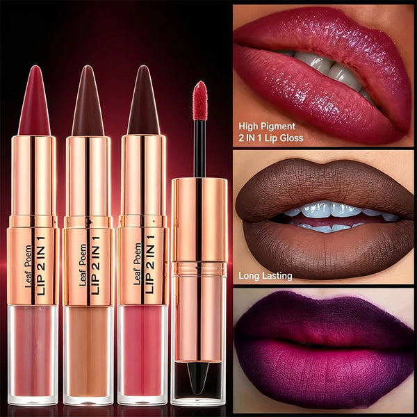 3 Pieces Lip Gloss Kit, 2-in-1 Dual-Ended Brown Lip Liner Pencil and Gloss Set, Nude Peach Shades with Juicy Mirror Lip Finish, Velvet Matte Lip Liner, Smooth Buildable Color, Glossy Plumping Lip Makeup for Women
