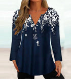 Plus-Size Women's Casual Floral Print V-Neck Long-Sleeve T-Shirt Top