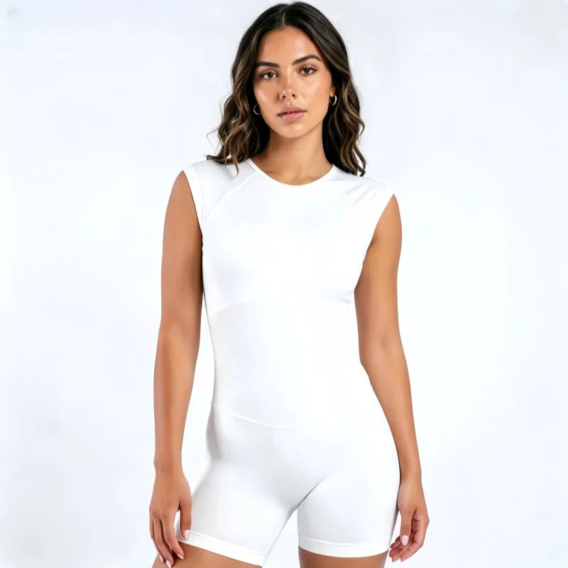 HISTELLO Impact Short Sleeve One Piece Women Open Back Workout Bodysuit Gym Quick Dry Romper Yoga Fitness Sports Solid Jumpsuit