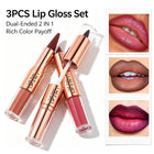 3 Pieces Lip Gloss Kit, 2-in-1 Dual-Ended Brown Lip Liner Pencil and Gloss Set, Nude Peach Shades with Juicy Mirror Lip Finish, Velvet Matte Lip Liner, Smooth Buildable Color, Glossy Plumping Lip Makeup for Women