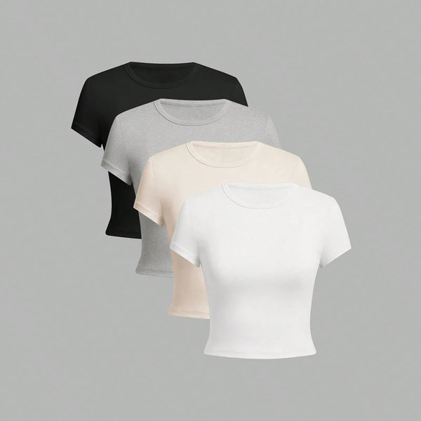 4 Pieces Solid Color Basic Short-Sleeved Tight-Fitting T-Shirt for Women's Casual Summer Minimalist Women's Style Top O-Neck