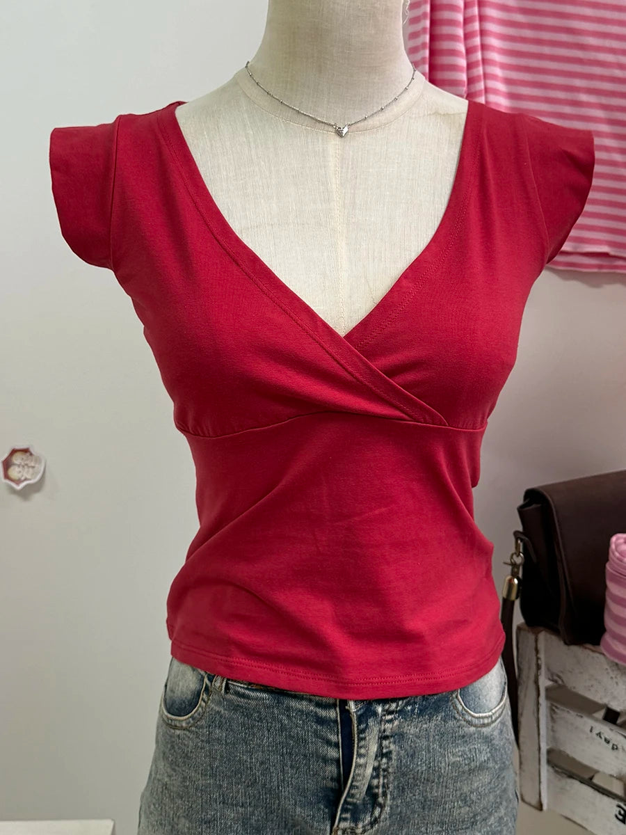 Mint Green V-neck Sleeveless T-shirts Women Summer Simple Fairy Style Slim Cotton Crop Tops Vintage Sweet Preppy Style Vests Y2K