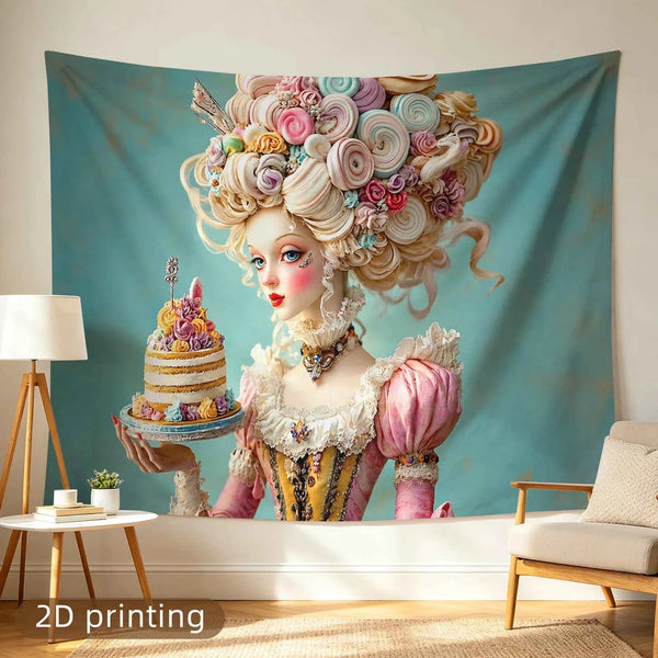 Baroque Princess Tapestry, Sweet Cake Lady Wall Hanging, Vintage Fantasy Art Decor for Bedroom Living Room Background
