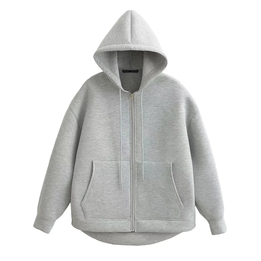 HH Autumn Women Gray Jacket With Hood Long Sleeve Big Pocket Zipper Jacket Coat Woman Loose Casual Outerwear Coat Tops