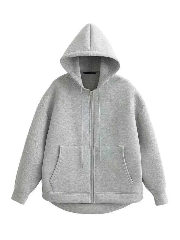 HH Autumn Women Gray Jacket With Hood Long Sleeve Big Pocket Zipper Jacket Coat Woman Loose Casual Outerwear Coat Tops