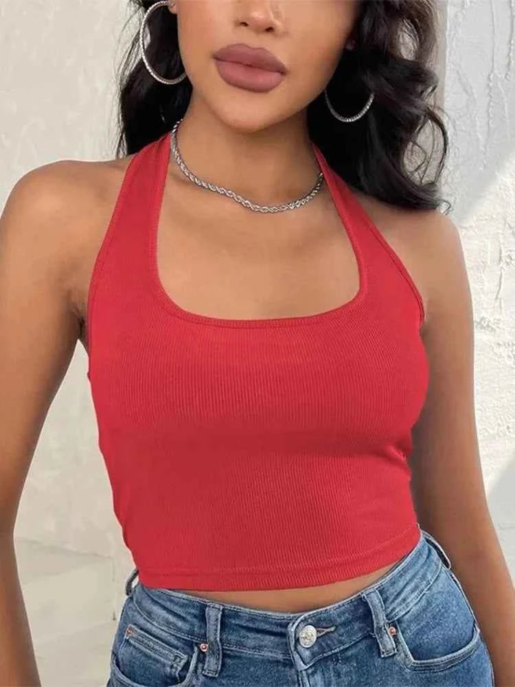 Women's Sleeveless Vest Ribbed Knit Top Halter Neck Summer Basic Red Casual Sports Vest Off Shoulder Ladies Vest Casual Sexy