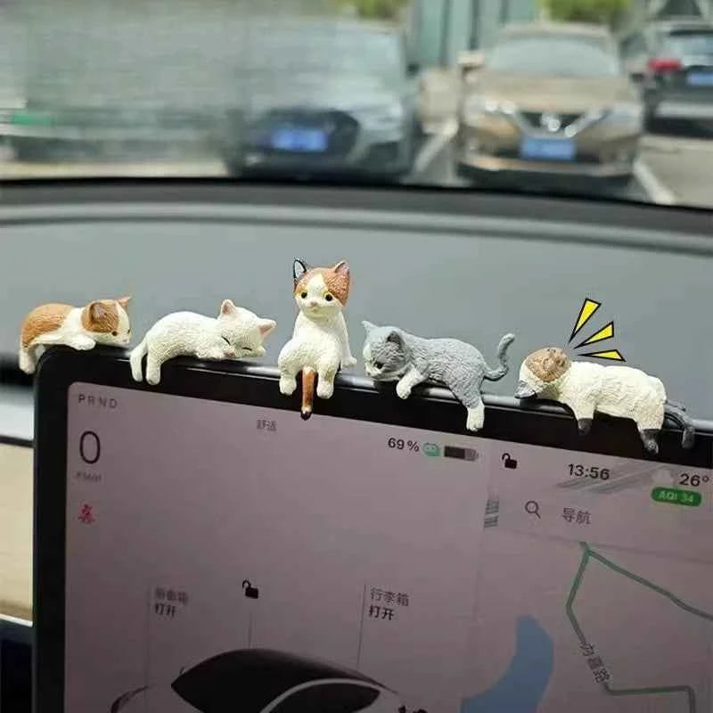 5pcs Cute Kitten Decoration Creative Sleeping Cat Doll Automobile Screen Ornaments Toys Cat Micro Landscape Decoration Gifts