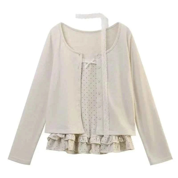 Women Korean Fashion Coquette Shoujo Girl Ballet Core Top Set 2000s Aesthetic T-Shirt Long Sleeve Tee Gyaru Design Vintage