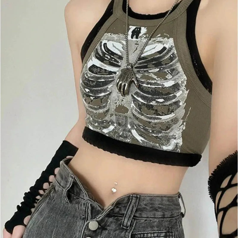 Punk Aesthetic Cyber Retro X-ray Skeleton Print Rib Sleeveless Vest ArmyGreen Crop Top Designer Clothes Women 2024 Summer Emo