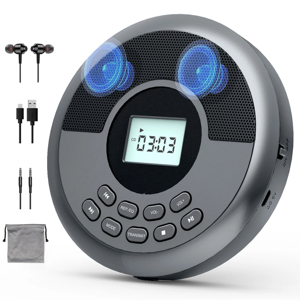 Portable cd walkman with bluetooth transimitting cd player portable with speakers and earbuds discman rechargeable with USB
